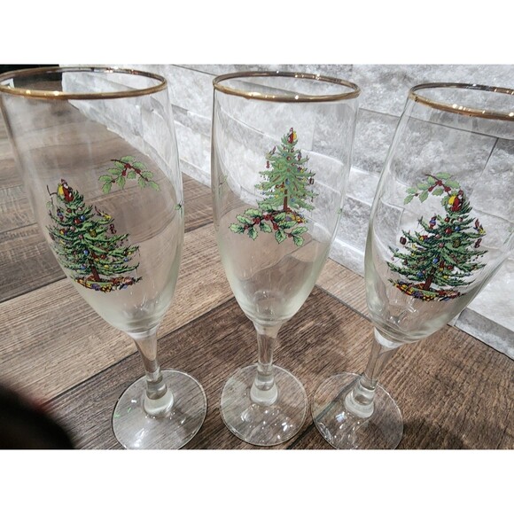 Set of 3 Spode Christmas Tree Champagne Flutes with Gold Rim 8" T - 5.75 oz - Picture 2 of 6